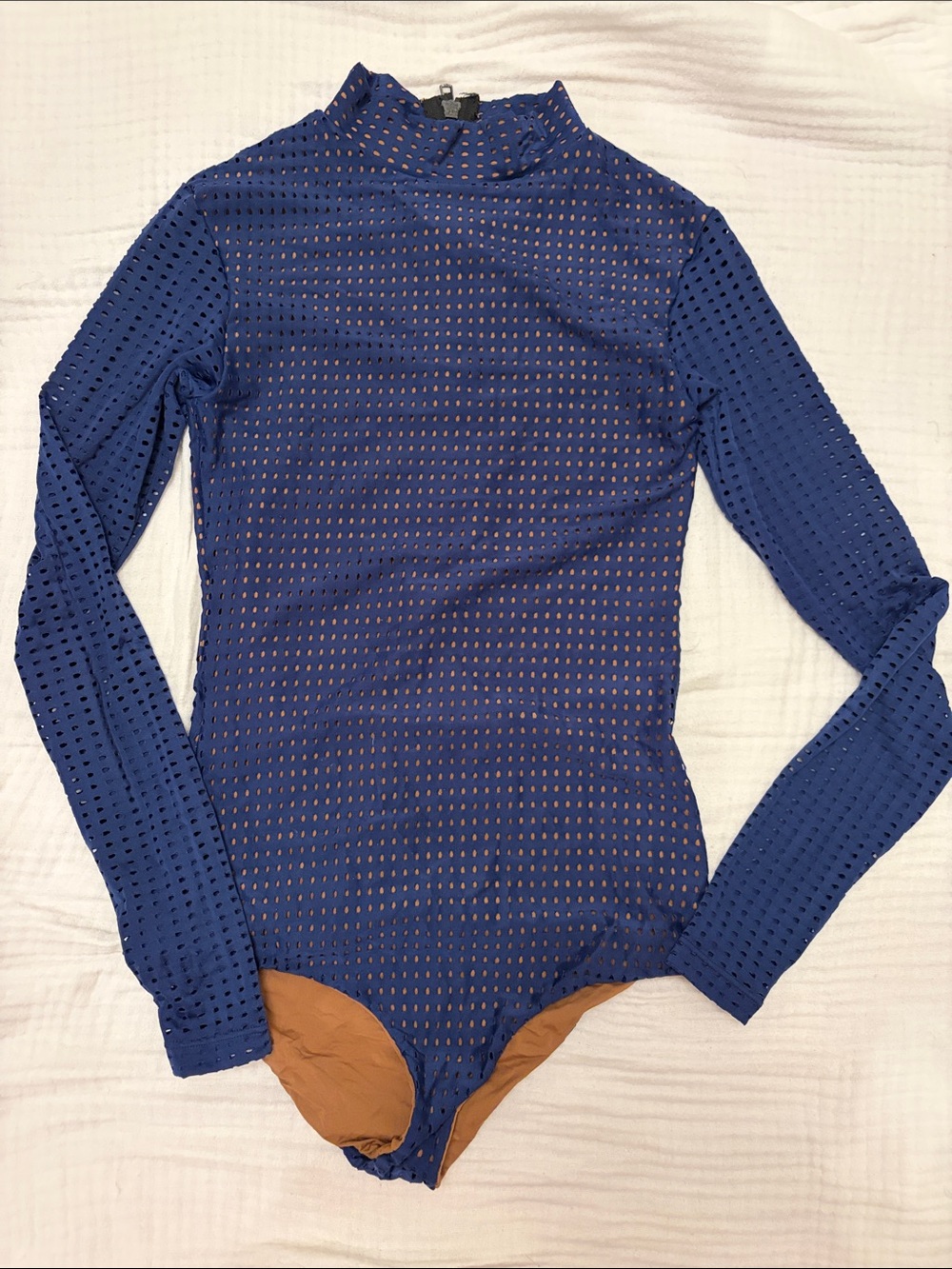 acacia swimwear ehukai Navy Blue Long-Sleeve Mesh Bodysuit with Tan Lining